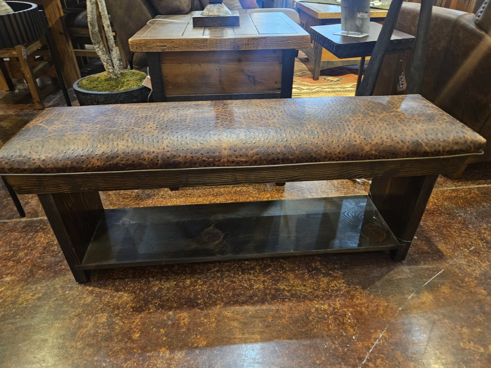 silvercreek Cowhide/Stamped Leather Bench w/Shelf 48W x 13D x 19H