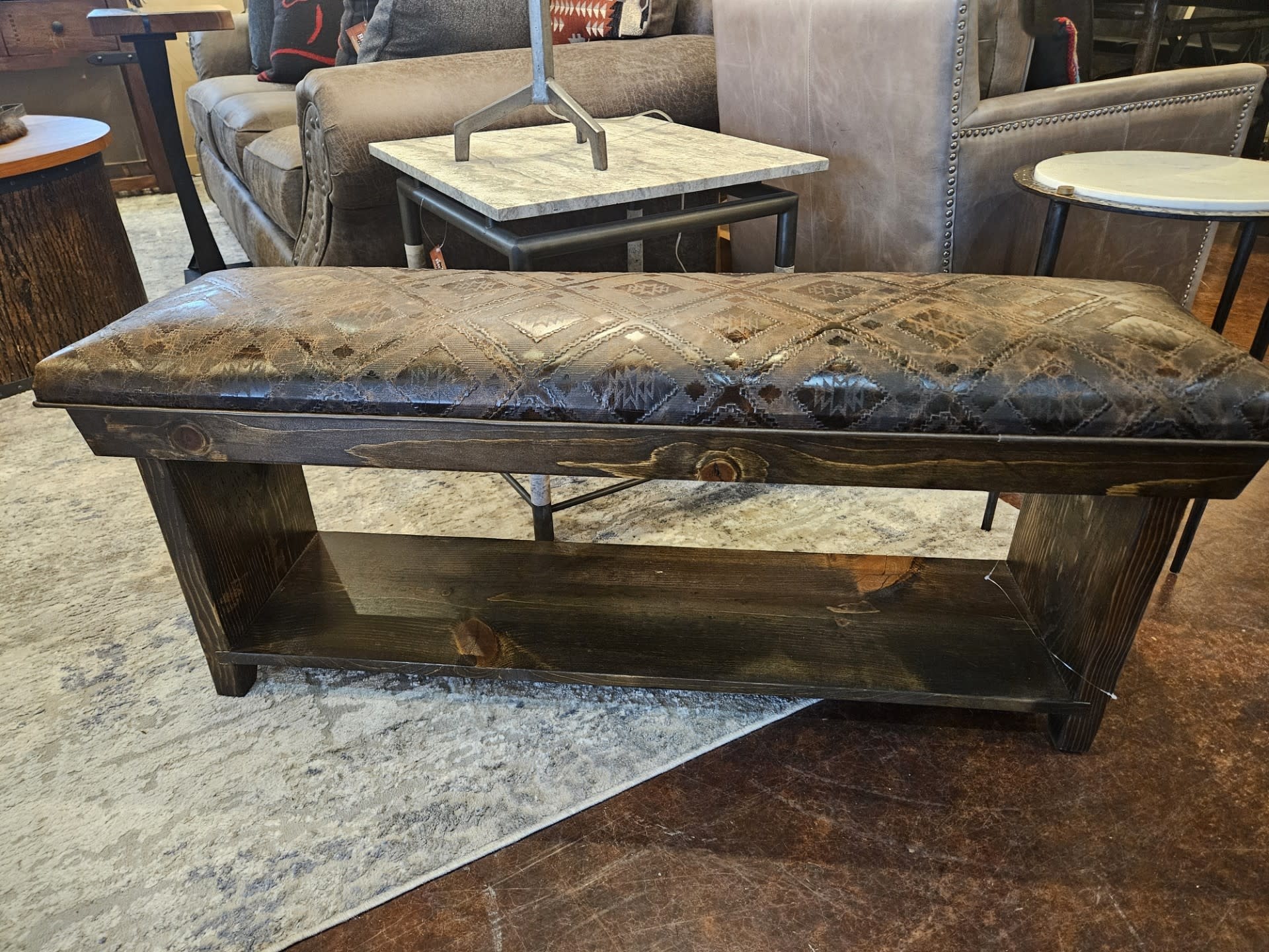 silvercreek Cowhide/Stamped Leather Bench w/Shelf 48W x 13D x 19H