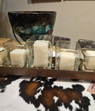 Artisans Crackled Set of 5 Candleholders on Iron Tray (CLEAR) w/candles