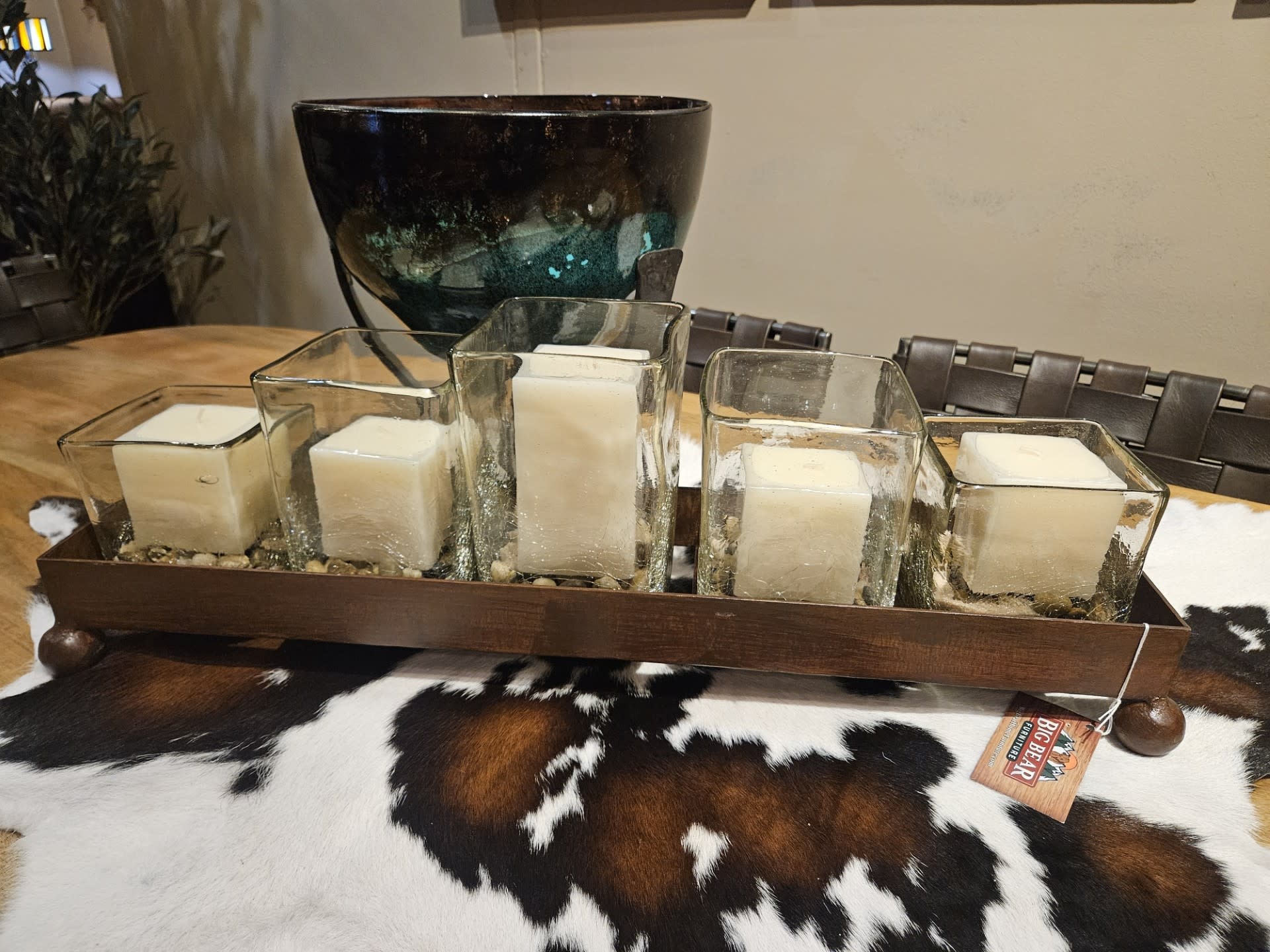 Artisans Crackled Set of 5 Candleholders on Iron Tray (CLEAR) w/candles