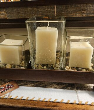 Artisans Crackled Set of 3 Candleholders w/Iron Tray (CLEAR) w/candles
