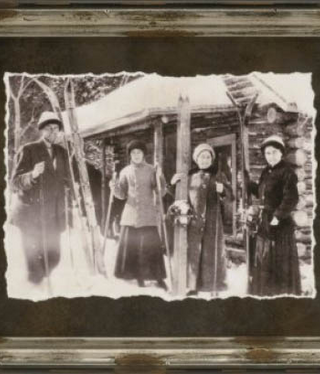 TAC Vintage Ski Lodge III (Skiers at Cabin)