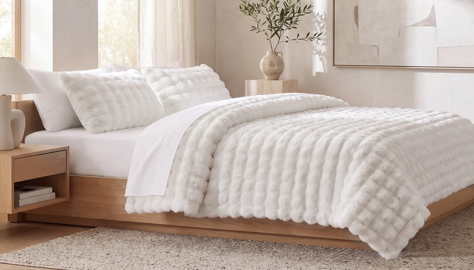 Hiend Cottontail Faux Fur 3pc Comforter Set-QUEEN-WHITE