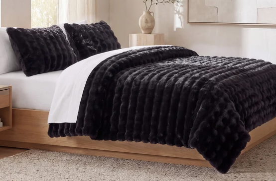 Hiend Cottontail Faux Fur 3pc Comforter Set-QUEEN-BLACK