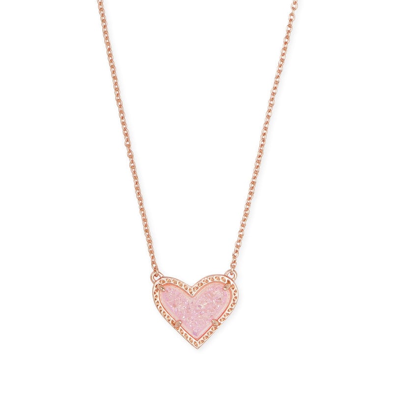 Kendra Scott Ari Heart Rose Gold Necklace In Pink Drusy*
