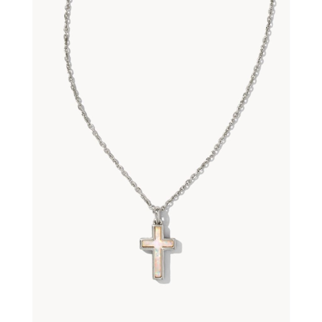 Kendra Scott Cross Silver Pendant Necklace In White Kyocera Opal