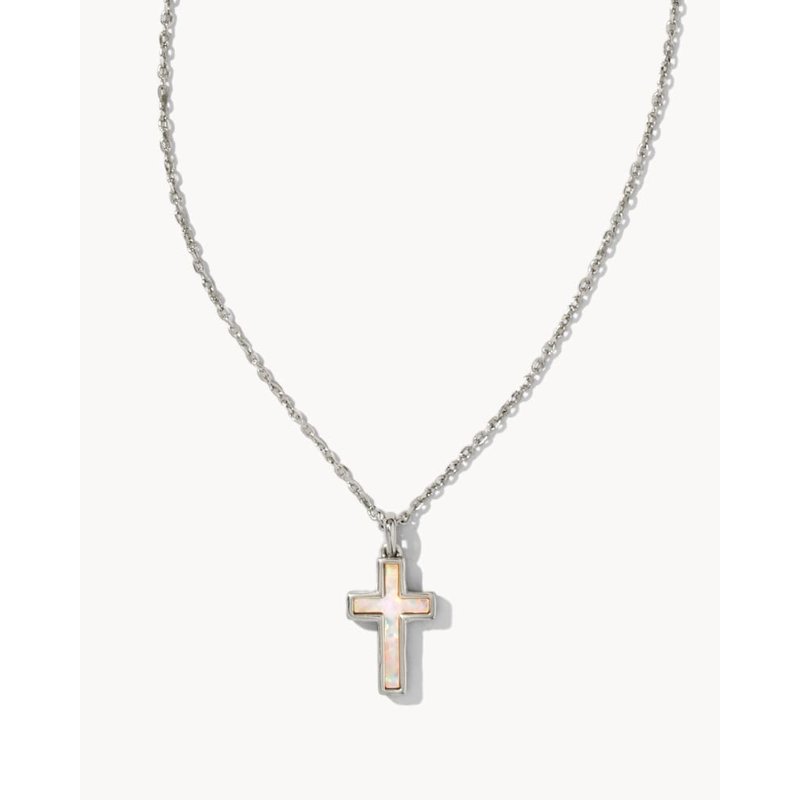 Kendra Scott Cross Silver Pendant Necklace In White Kyocera Opal