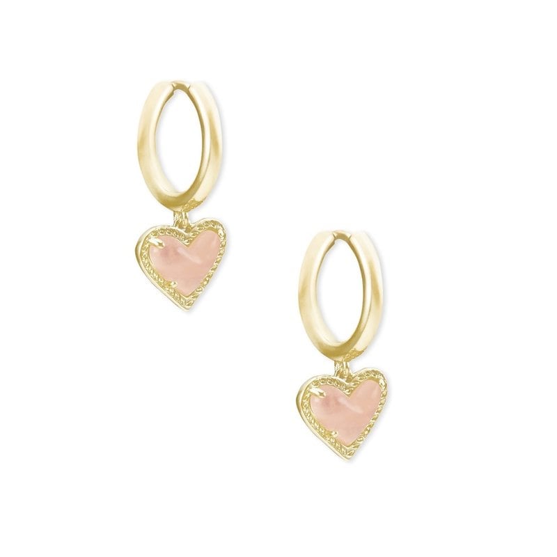 Ari Heart Gold Huggie Earrings In Rose Quartz