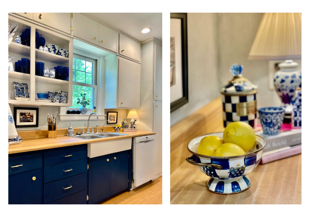 Tuck's Kitchen with cabinets painted with Annie Sloan Chalk Paint in Napoleonic Blue and Mackenzie-Childs Royal Check Enamelware
