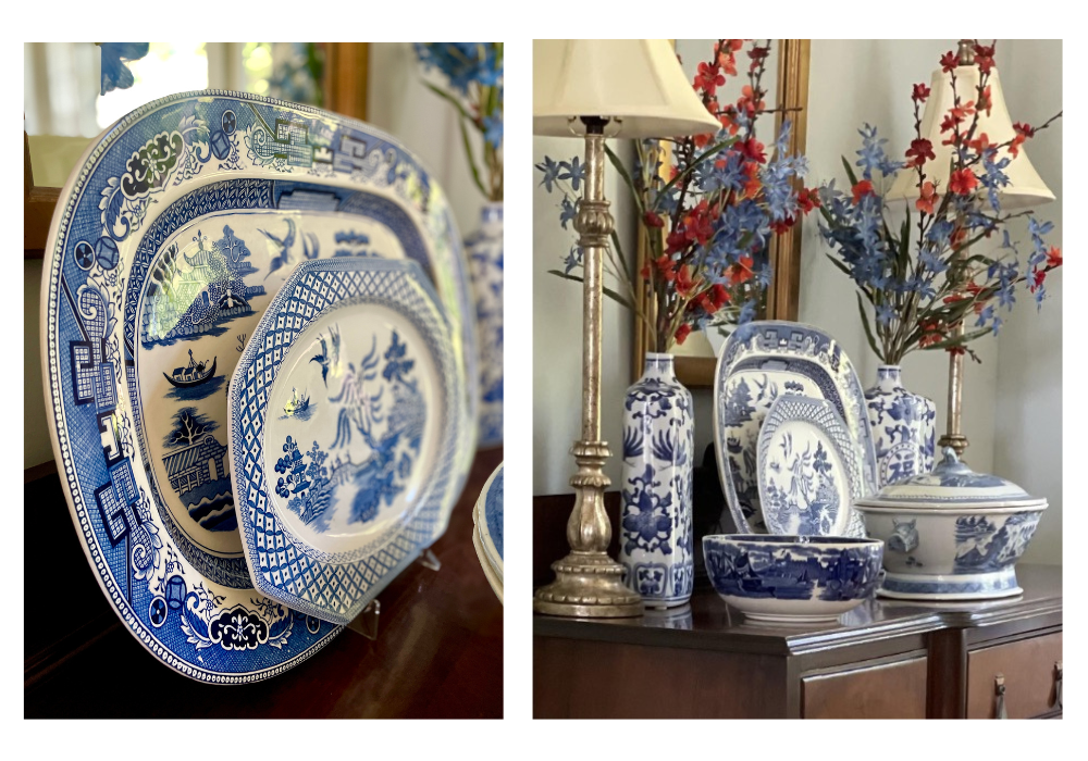 blue willow china organized and on display in dining room
