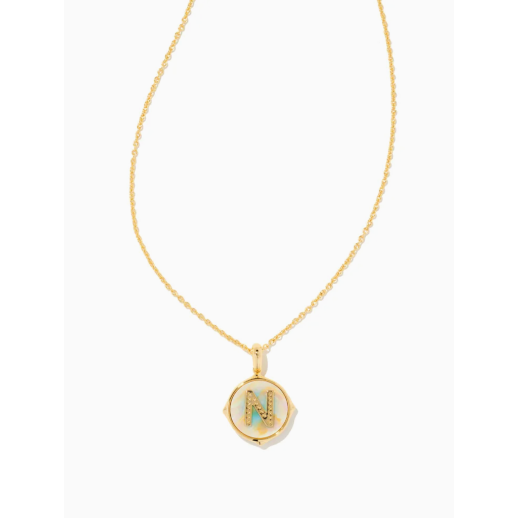 Kendra Scott Kendra Scott Letter N Gold Disc Reversible Pendant Necklace in Iridescent Abalone