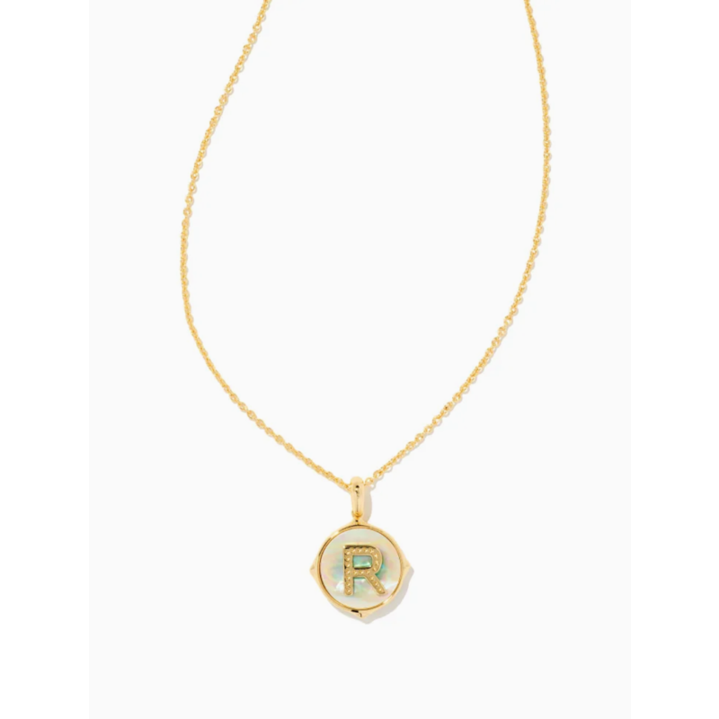 Kendra Scott Letter R Gold Disc Reversible Pendant Necklace in Iridescent Abalone