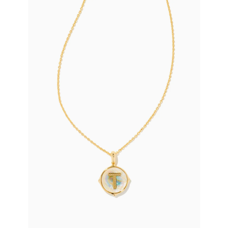 Kendra Scott Letter T Gold Disc Reversible Pendant Necklace in Iridescent Abalone