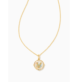 Kendra Scott Letter V Gold Disc Reversible Pendant Necklace in Iridescent Abalone