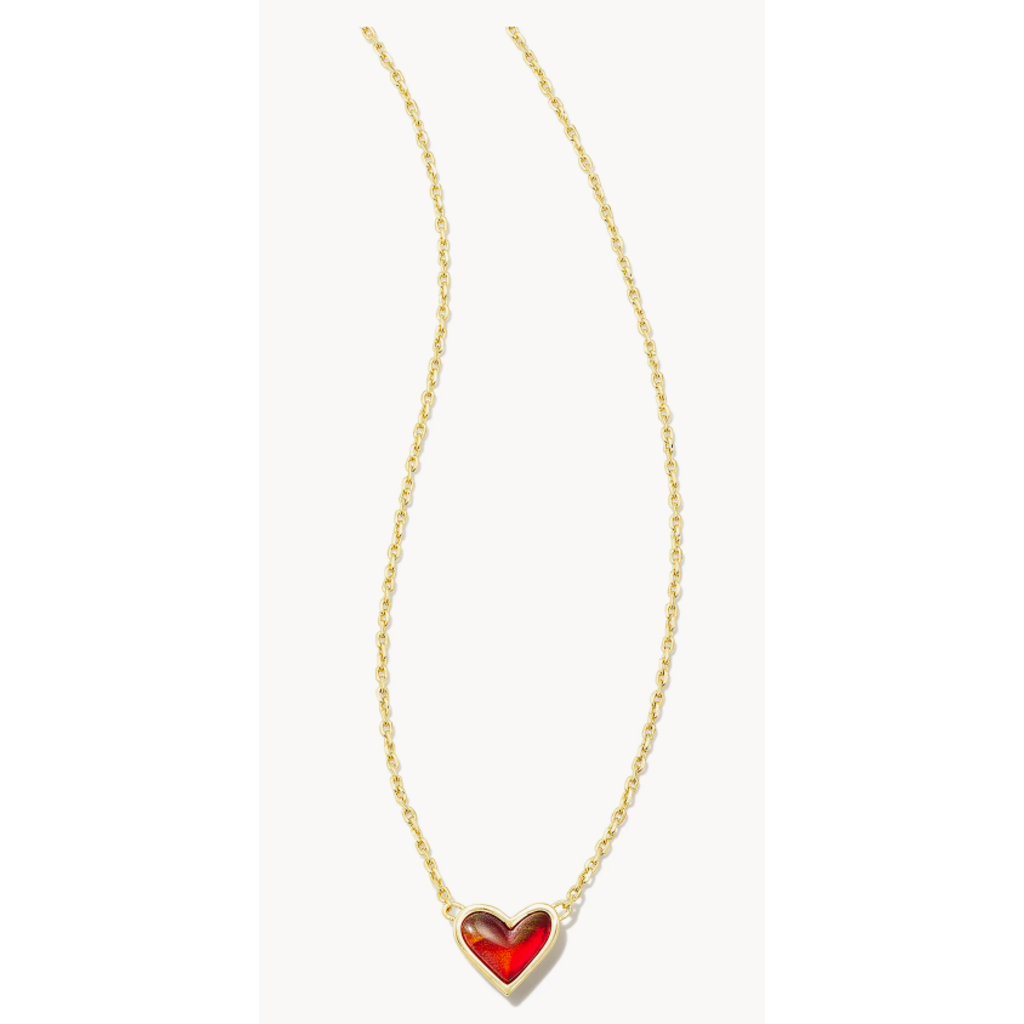 Framed Ari Heart Short Pendant Necklace Gold Red Opalescent Resin