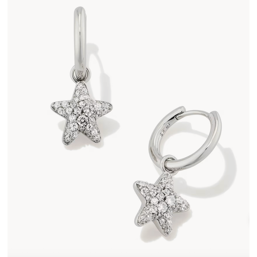 Kendra Scott Jae Star Pave Huggie Earrings Silver White Crystal