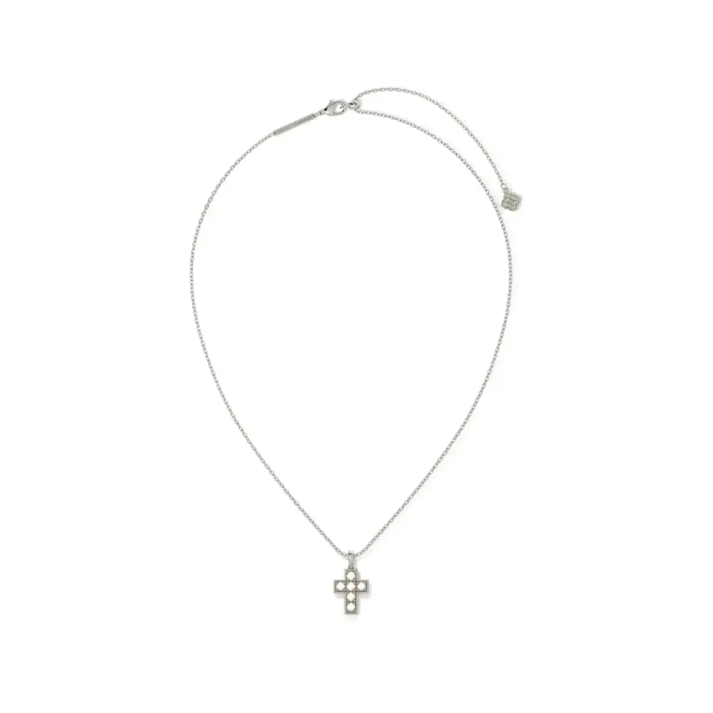 Kendra Scott Pearl Cross Short Pendant Necklace Silver White Pearl
