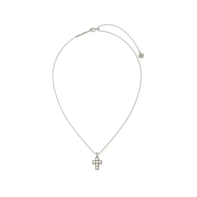 Kendra Scott Pearl Cross Short Pendant Necklace Silver White Pearl