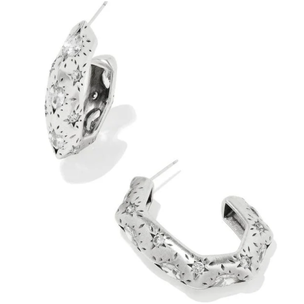Kendra Scott Holland Hoop Earrings Vintage Silver White Crystal