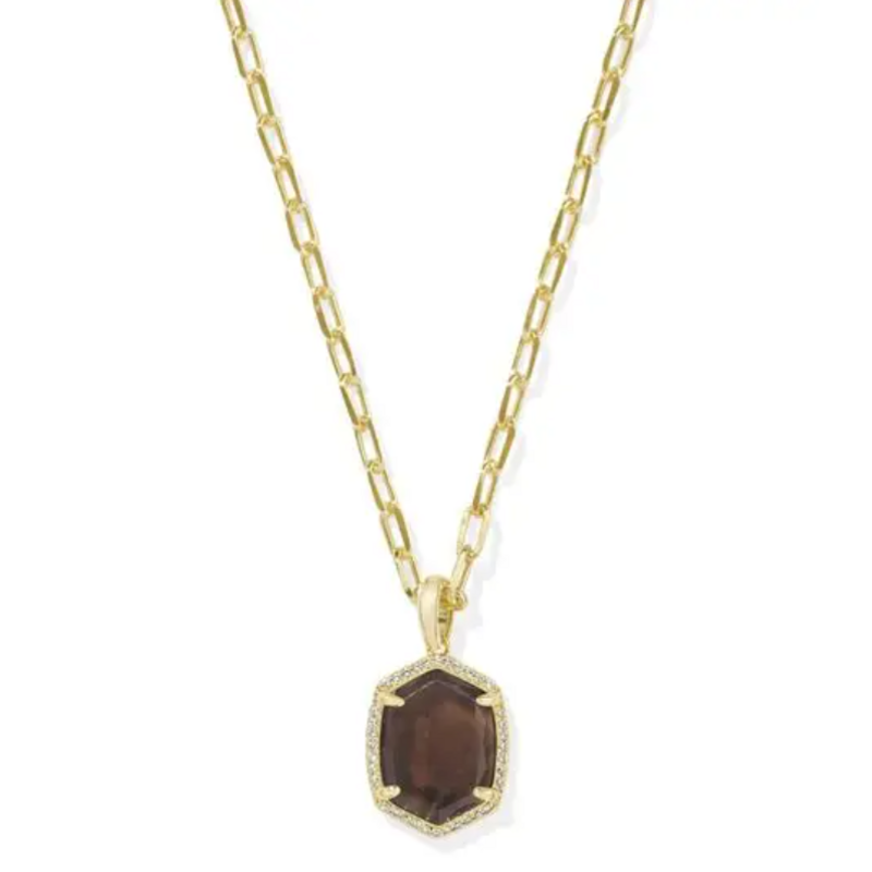 Kendra Scott Daphne Pave Frame Short Pendant Necklace Gold Smokey Quartz