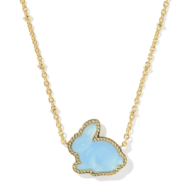Bunny Short Pendant Necklace Gold Matte Light Blue Dichroic Glass