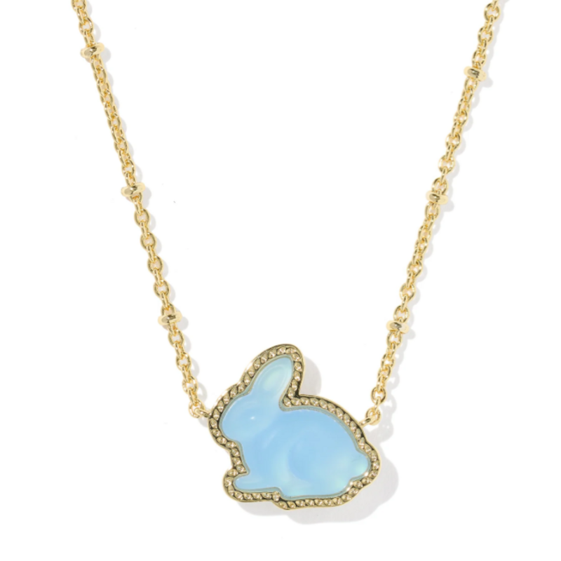 Bunny Short Pendant Necklace Gold Matte Light Blue Dichroic Glass
