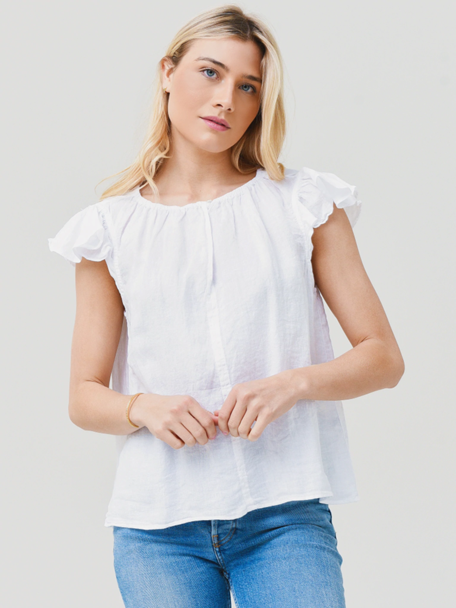 Irene Linen Ruffle Sleeve Top White 