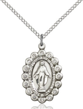 SS Miraculous Medal w/ Clear Crystal / 24" Curb Chain