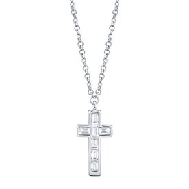 14K White Gold 0.17ct Diamond Baguette Cross Necklace