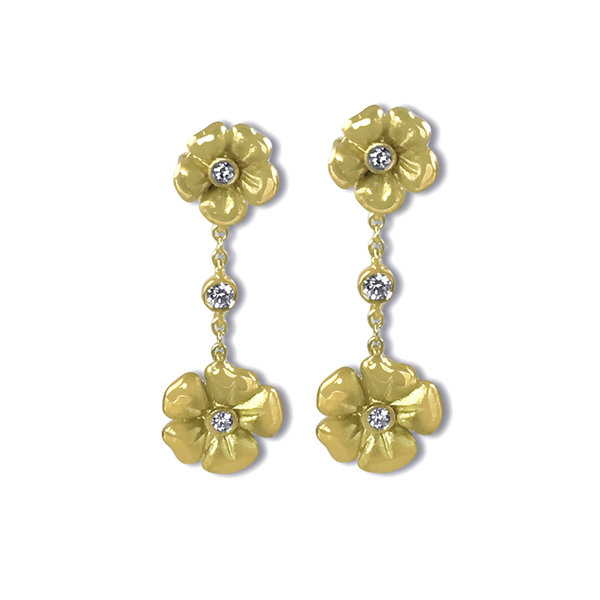 Custom Design - 18kt Yellow Gold .15ct Diamond Blossom Double Drop Earrings