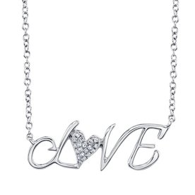 .05ct 14kt White Gold Diamond Pave Heart "Love" Necklace