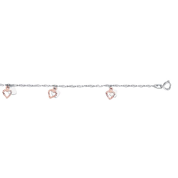 14kt White and Rose Gold Dangling Hearts  Anklet 10"