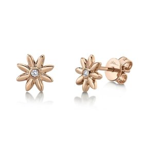 14K Rose Gold 0.03C Diamond Flower Stud Earrings