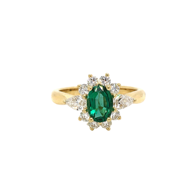 18ky .78ct Oval Emerald .83ct Diamond Cluster Ring