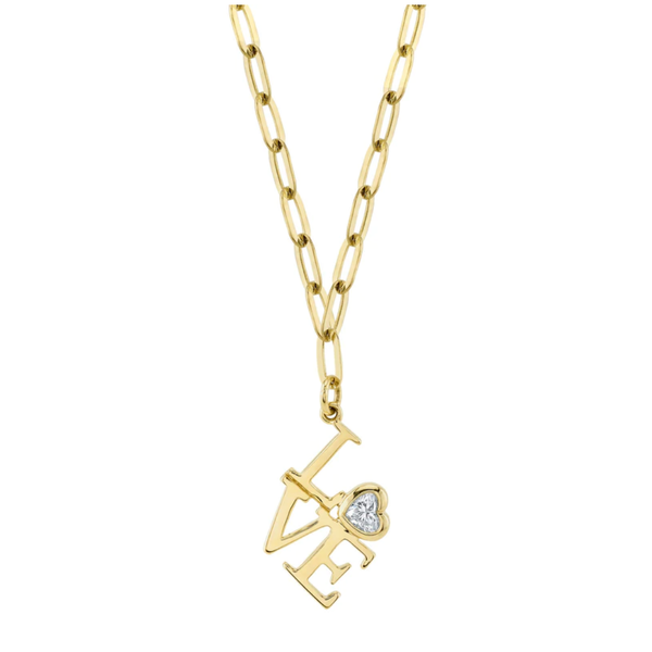 14K Yellow Gold .12ct Diamond Heart Bezel Love Paper Clip Link Necklace