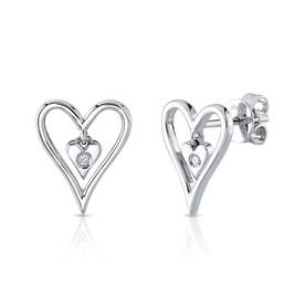 14K White Gold .03ct Diamond Open Heart Stud Earrings