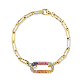 SHY CREATION INC 14K Yellow Gold 0.09ct Diamond & 0.60ct Multi-Color Pave Paper Clip Link Bracelet