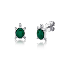 14K W/G 0.03CT DIAMOND & GREEN ENAMEL TURTLE STUD EARRINGS