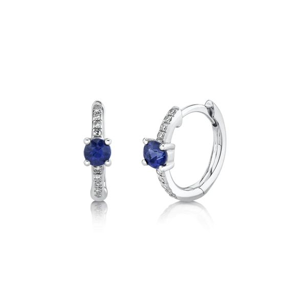 14K White Gold 0.06ct Diamond & 0.33ct Blue Sapphire Huggie Earrings