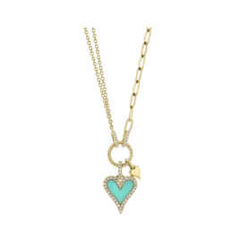 14K Yellow Gold .13C Diamond & .39C Turquoise Heart Necklace