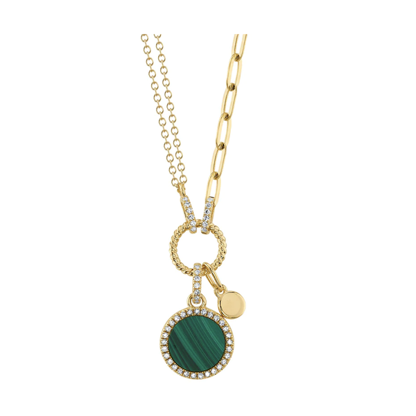 SHY CREATION INC 14K Yellow Gold .13C Diamond & 1.02C Malachite Circle Necklace