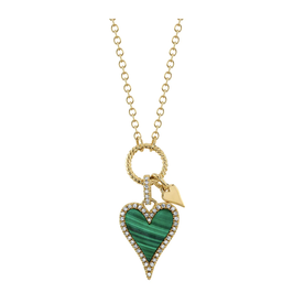 14K Yellow Gold .12C Diamond & 1.04C Malachite Heart Necklace