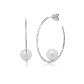 14K White Gold Pearl Hoop Earrings