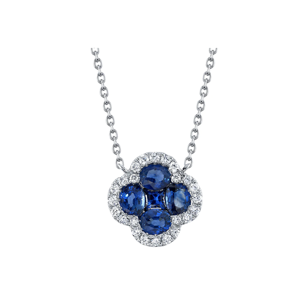 SHY CREATION INC 14K White Gold .16C Diamond & 1.14C Sapphire Clover Necklace