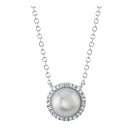 14K White Gold .08C Diamond & Pearl Necklace