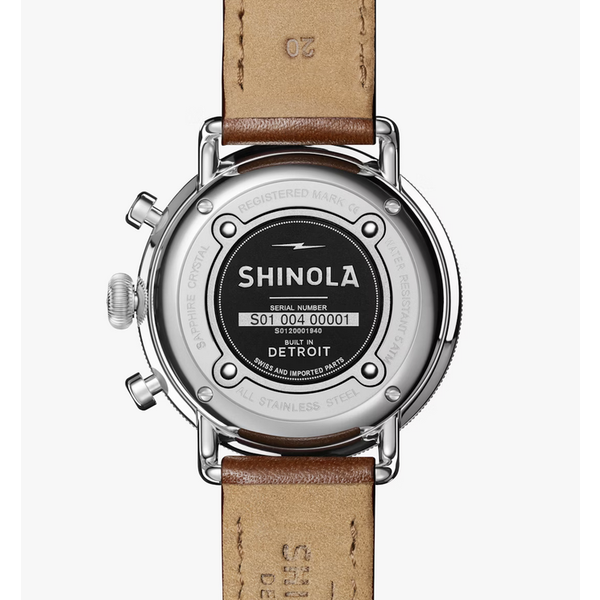 SHINOLA Canfield Chrono 43mm, Dark Cognac Leather Strap