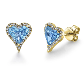 14K Yellow Gold .16ct Diamond & 2.30ct Blue Topaz Heart Stud Earrings