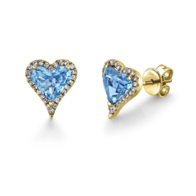 14K Yellow Gold .16ct Diamond & 2.30ct Blue Topaz Heart Stud Earrings