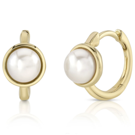 14K Yellow Gold Pearl Huggie Earrings