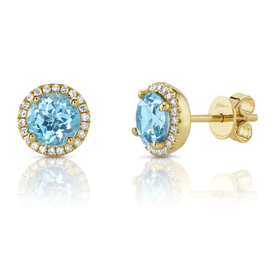 14K Yellow Gold .14ct Diamond & 2.06ct Blue Topaz Stud Earrings